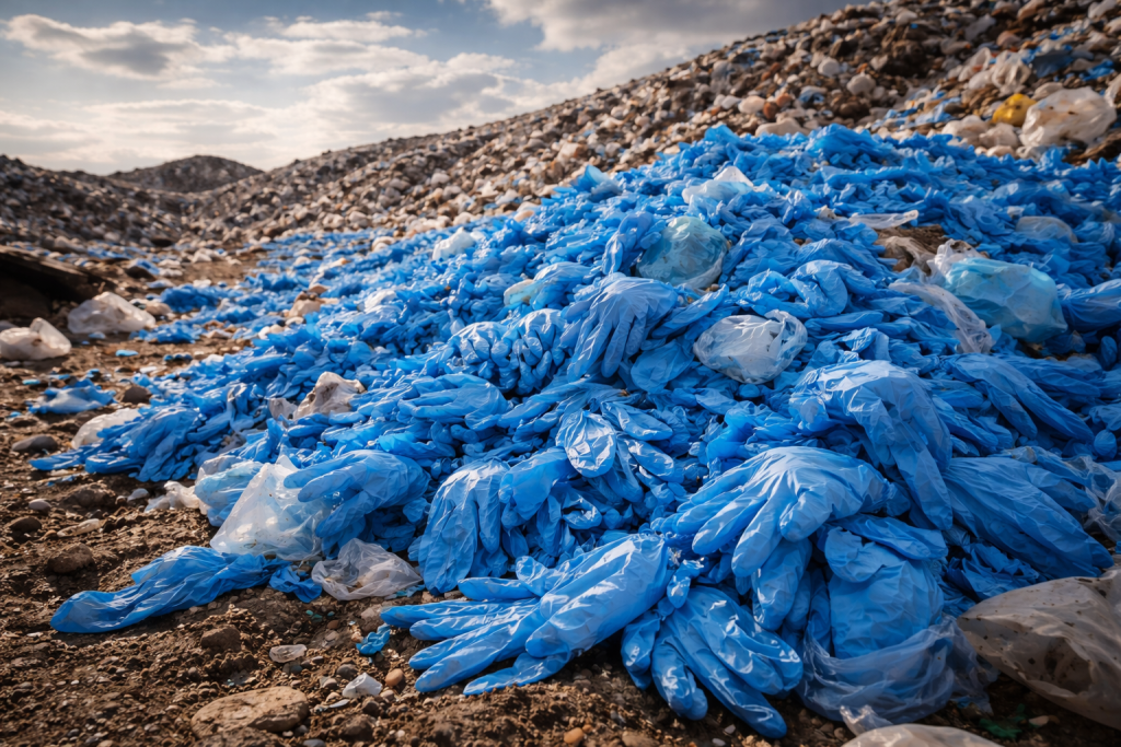 pile of blue disposable gloves landfill environmental impact food industry