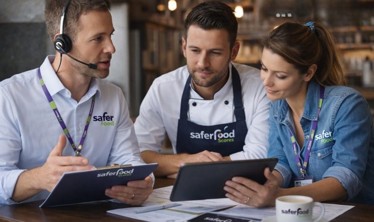 Safer Food Scores consultant supporting a chef and team with tablet-based compliance guidance